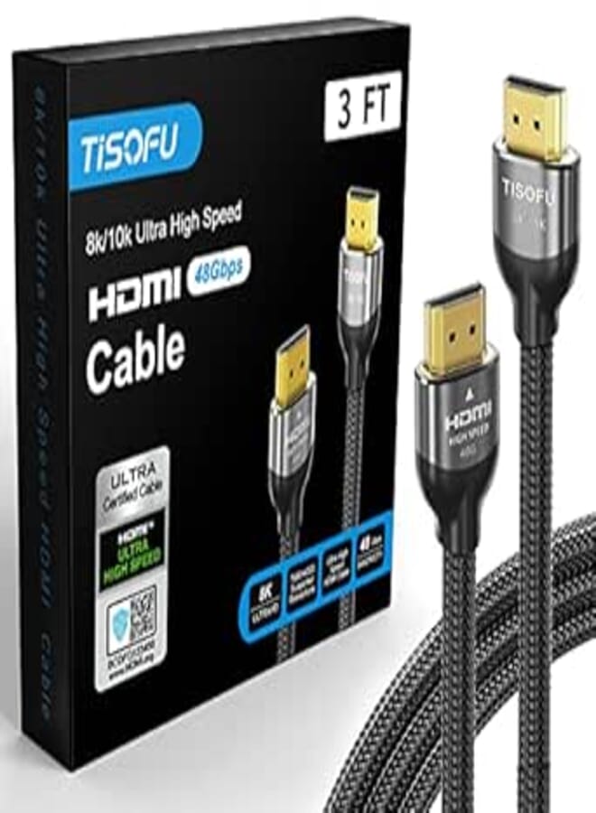 TISOFU 【Ultra Certified 10K 8K HDMI Cable 3FT: HDMI 2.1 Cables 48Gbps High Speed Premium Braided Cord 8K@60Hz 4K@120Hz 4K@144Hz HDCP 2.2&2.3 CL3 ARC eARC for HD/HDR/HDTV